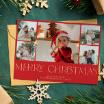 Modern gold typography photo collage red Christmas Holiday Card<br><div class="desc">Simple minimalist elegant custom Christmas holiday card template with faux gold Merry Christmas typography,  five photo collage,  family name,  and your text. Easy to personalise on both sides!</div>