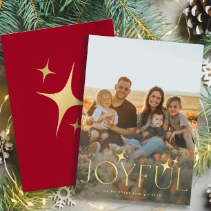 Modern gold typography photo overlay red Christmas Holiday Card