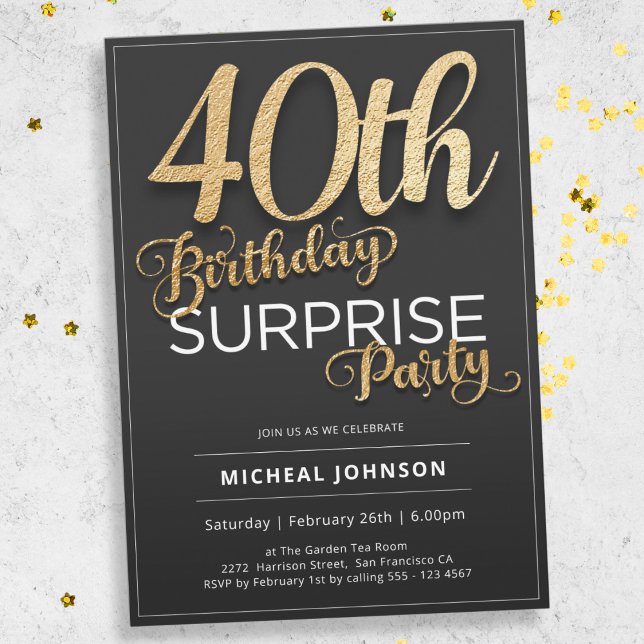 Modern Gold Typography Surprise 40th Birthday  Invitation (Mockup View)