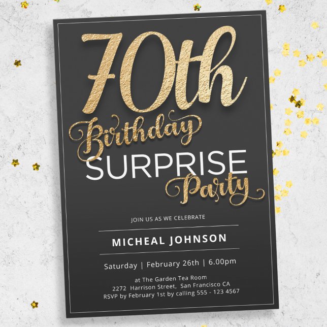 Modern Gold Typography Surprise 70th Birthday  Invitation (Mockup View)