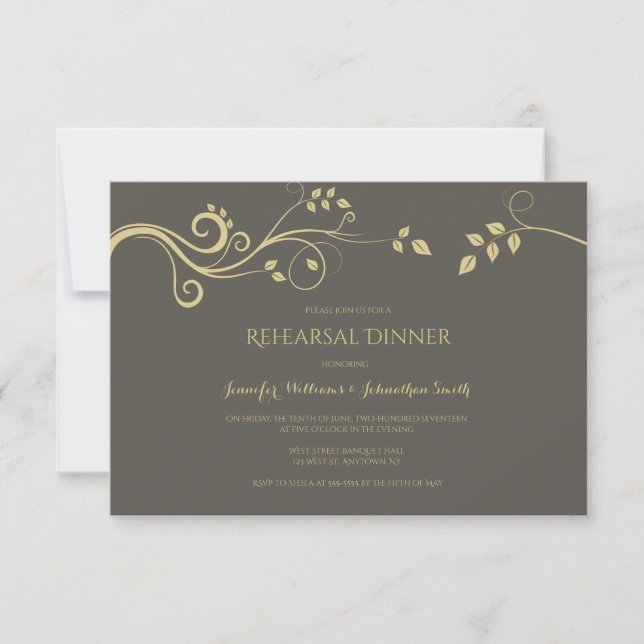 Modern gold vines rehearsal dinner invitations (Front)