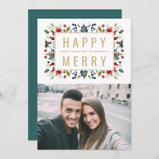 Modern Gold Watercolor Berries Christmas Photo Holiday Card (Front/Back)