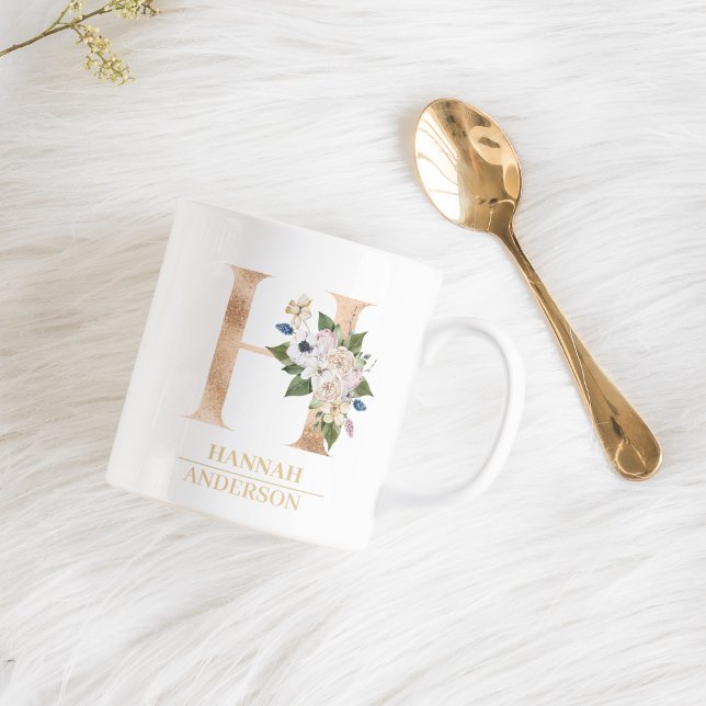 Modern Gold Watercolor Flower Letter H | Monogram  Coffee Mug (Creator Uploaded)