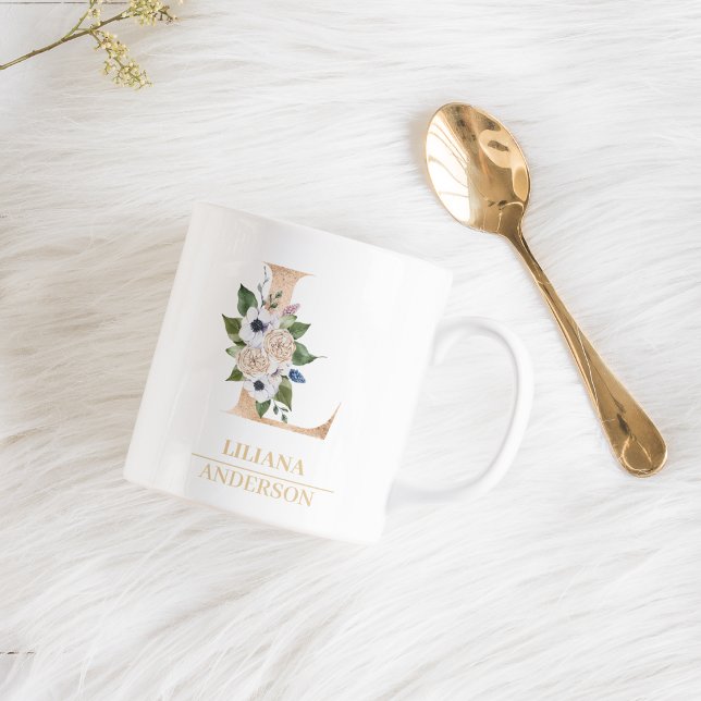 Modern Gold Watercolor Flower Letter L | Monogram  Coffee Mug (Creator Uploaded)