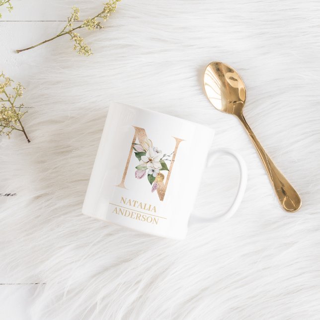 Modern Gold Watercolor Flower Letter N | Monogram  Coffee Mug (Creator Uploaded)