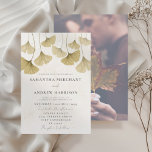 Modern Gold Watercolor Ginkgo leaf Wedding Invitation<br><div class="desc">This gorgeous watercolor wedding template features delicate golden yellow ginkgo leaves painted in a soft, artistic style on a subtle watercolor textured background with flecks of faux gold shimmer for added elegance. On the reverse, there's space to add your couple’s photo beneath a gentle translucent overlay, creating a refined and...</div>