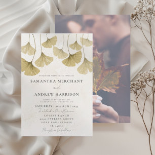 Modern Gold Watercolor Ginkgo leaf Wedding Invitation