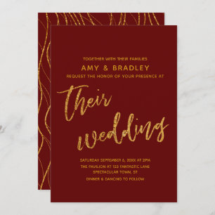 Modern Gold Waves and Handwriting Burgundy Wedding Invitation