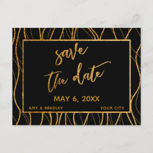 Modern Gold Waves Handwriting Black Save the Date Announcement Postcard