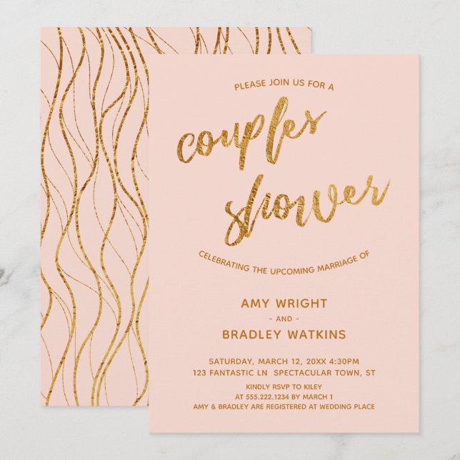 Modern Gold Waves Handwriting Blush Couples Shower Invitation (Front/Back)