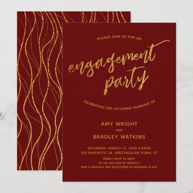 Modern Gold Waves Handwriting Burgundy Engagement Invitation (Front/Back)