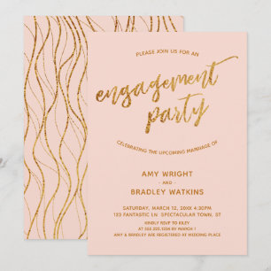 Modern Gold Waves Handwriting on Blush Engagement Invitation