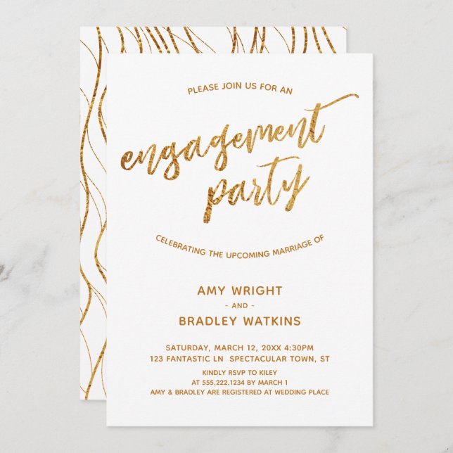 Modern Gold Waves Handwriting on White Engagement Invitation (Front/Back)