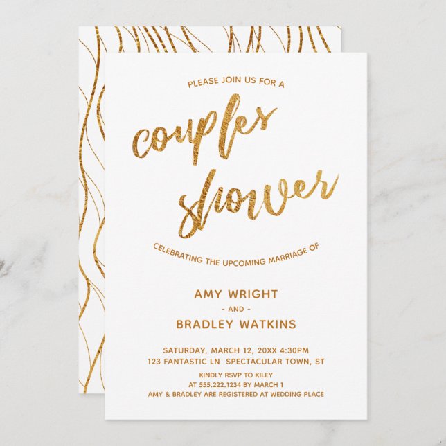 Modern Gold Waves Handwriting White Couples Shower Invitation (Front/Back)