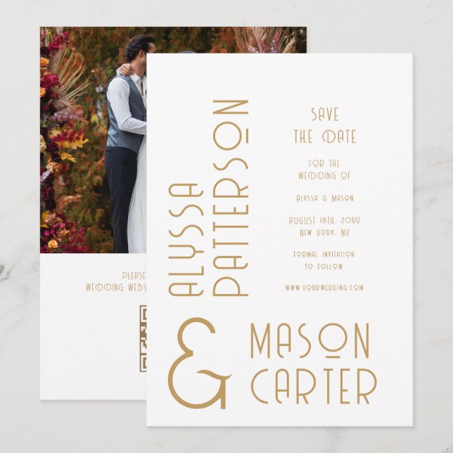 Modern Gold Wedding Photo QR Code Save The Date (Front/Back)