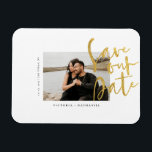 Modern Gold Wedding Photo Save The Date Magnet<br><div class="desc">Design features your awesome photo with Save The Date phrase in a modern gold script.  Easily customise with important information of choice.  Will compliment any modern wedding theme,  and any season.</div>