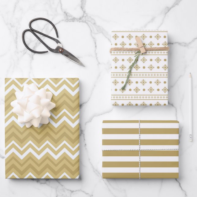Modern Gold White Geometric Stripe Christmas Wrapping Paper Sheet (Front)