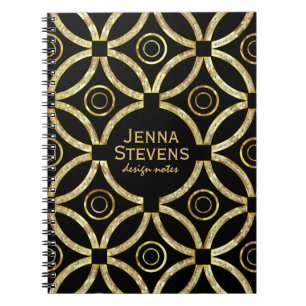 Modern Gold & White Glitter Geometric On Black Spiral Notebook