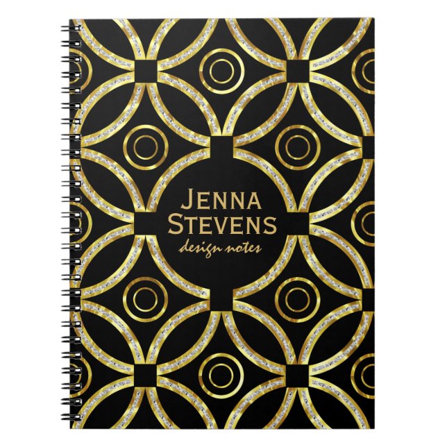 Modern Gold & White Glitter Geometric On Black Spiral Notebook (Front)