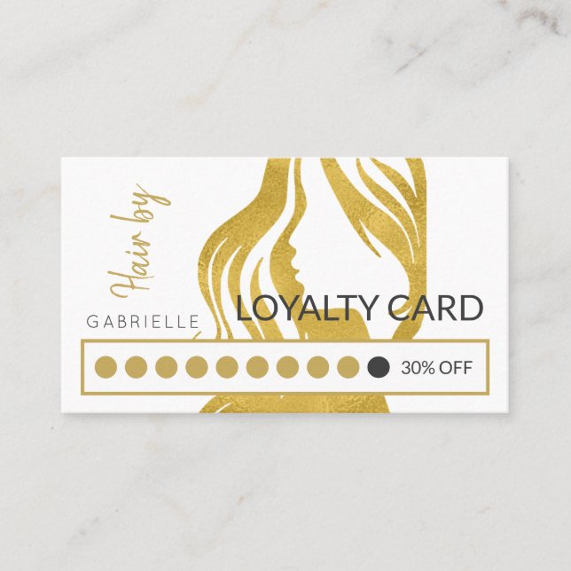 Modern gold white hair salon loyalty punch business card (Front)