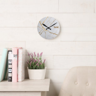Modern Gold & White Marble  Minimalist Luxury  Round Clock