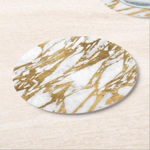 Modern Gold White Marble Stone Chic Pattern Round Paper Coaster