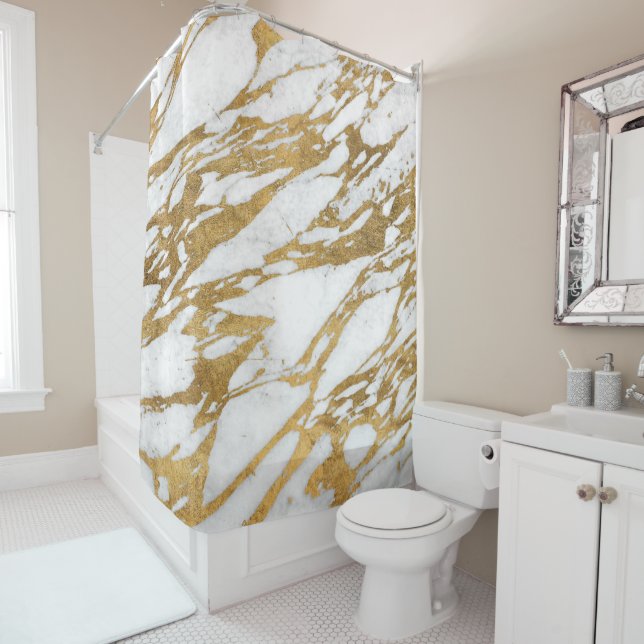 Modern Gold White Marble Stone Chic Pattern Shower Curtain (In Situ)