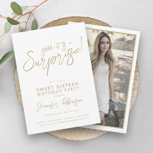 Modern Gold & White Photo Surprise Sweet 16 Invitation