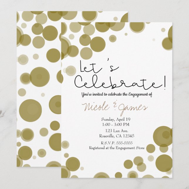 Modern Gold White Polka Dot Bubbles Celebrate Invitation (Front/Back)