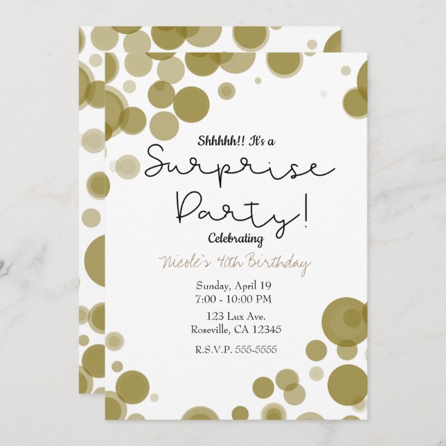 Modern Gold White Polka Dot Bubbles Surprise Party Invitation (Front/Back)