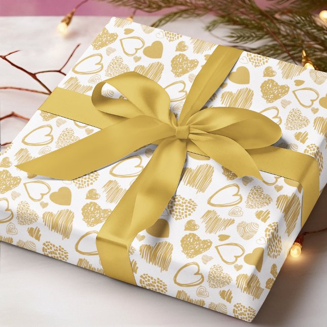 Modern Gold White Romantic Love Heart Doodle Wrapping Paper (Creator Uploaded)