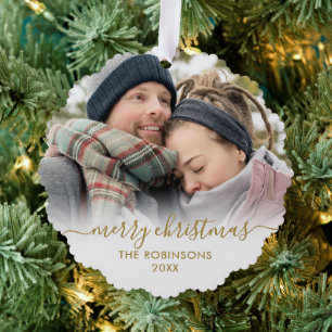 Modern Gold White Script 2 Couple Photo Christmas Tree Decoration Card