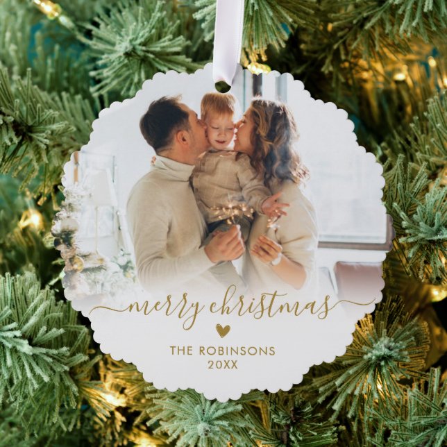 Modern Gold White Script 2 Family Photo Christmas Tree Decoration Card (Insitu (Tree))