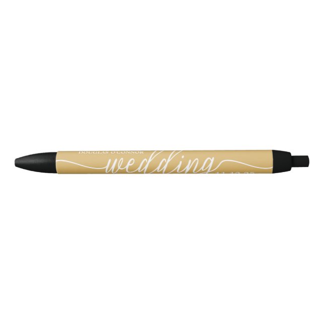 Modern Gold & White Simple Script Wedding Favor Black Ink Pen (Front)