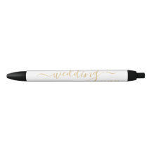 Modern Gold &amp; White Simple Script Wedding Favour Black Ink Pen