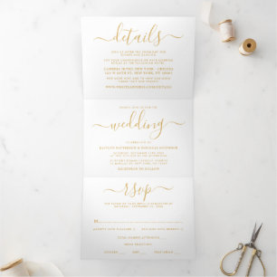 Modern Gold & White Simple Script Wedding Suite Tri-Fold Invitation