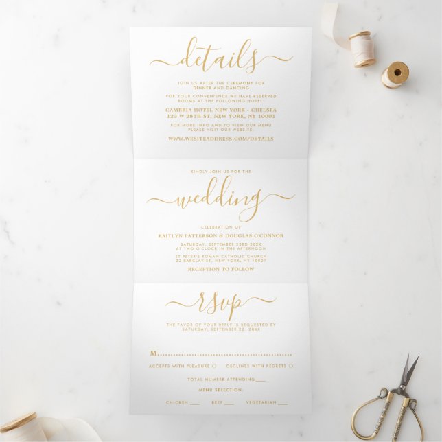Modern Gold & White Simple Script Wedding Suite Tri-Fold Invitation (Inside)
