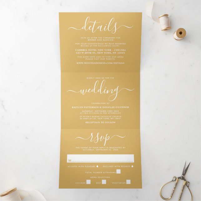 Modern Gold & White Simple Script Wedding Suite Tri-Fold Invitation (Inside)