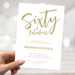 Modern Gold White Sixty Script 60th Birthday Party Invitation