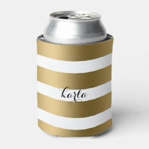 Modern Gold & White Stripes pattern Monogram Can Cooler