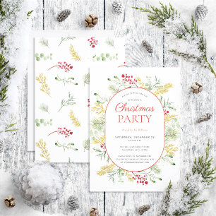 Modern Gold Winter Greenery Christmas Party Invitation
