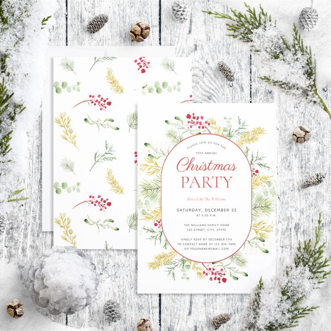 Modern Gold Winter Greenery Christmas Party Invitation (Creator Uploaded)