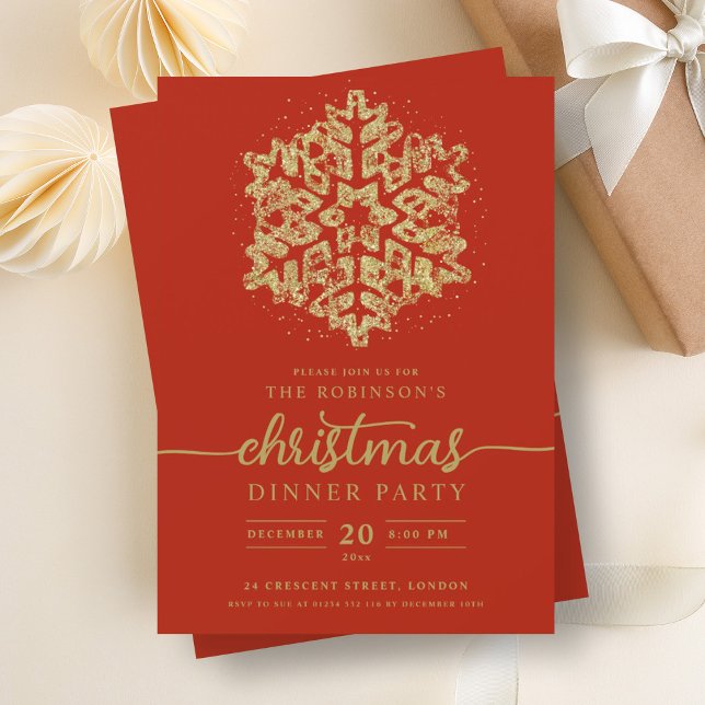 Modern Gold Winter Snowflake Christmas Red  Invitation (Modern Gold Winter Snowflake Christmas Red Invitation)