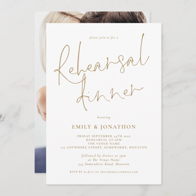 Modern Gold Writing Photo Wedding Rehearsal Dinner Invitation (Front/Back)