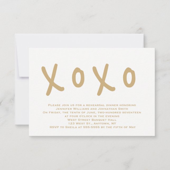Modern gold xoxo rehearsal dinner invitations (Front)