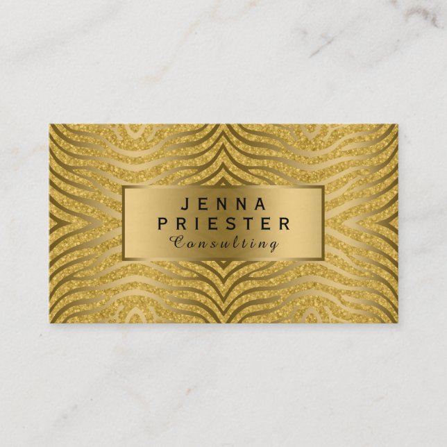 Modern Gold Zebra Stripes & Glitter Pattern Business Card (Front)
