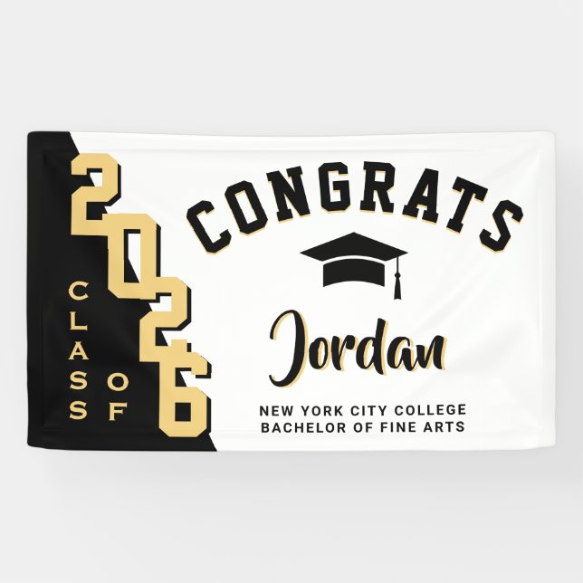 Modern Golden Black Graduation Class of 2025 Party Banner (Horizontal)