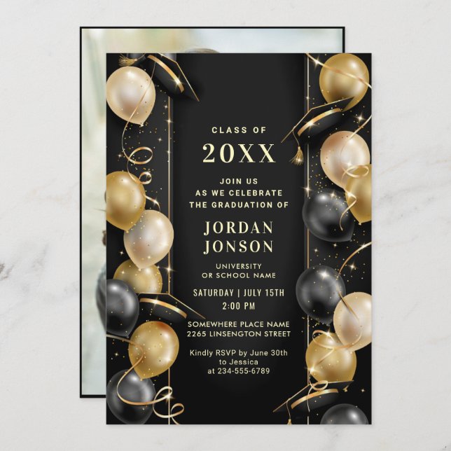 Modern Golden Black Graduation Hat Party Photo Invitation (Front/Back)