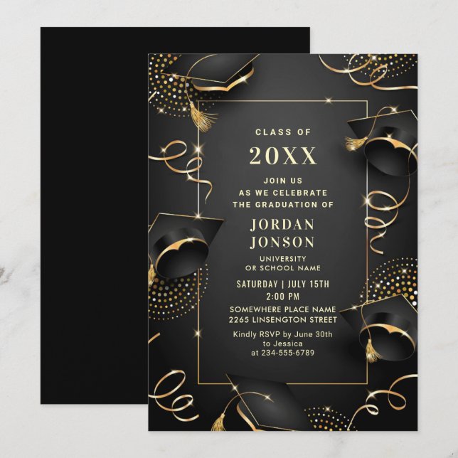 Modern Golden Black Graduation Party Invitation (Front/Back)