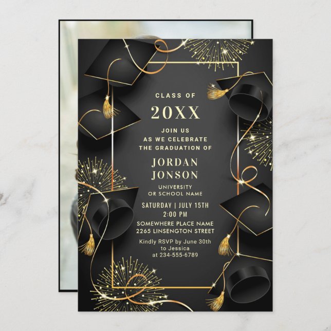 Modern Golden Black Graduation Party Photo Invitation (Front/Back)